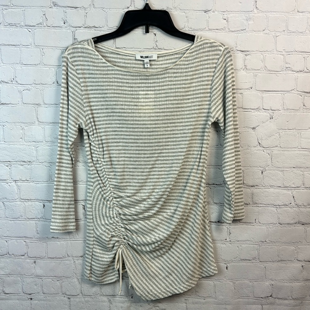 William Rast Gray & Ivory Striped Side Ruched Long Sleeve Top Size Medium